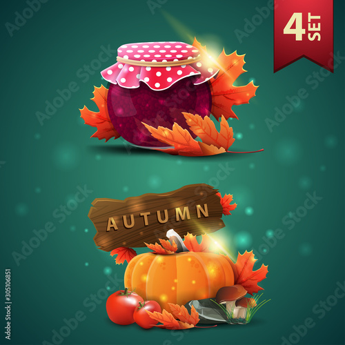 Set of autumns 3D icons, jar of jam, maple leaves, harvest of vegetables and a wooden sign