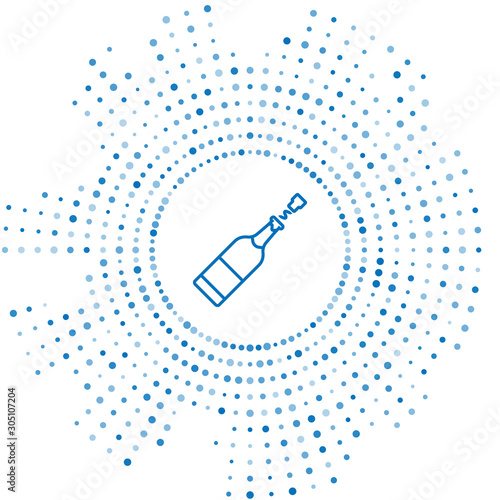 Blue line Champagne bottle icon isolated on white background. Abstract circle random dots. Vector Illustration