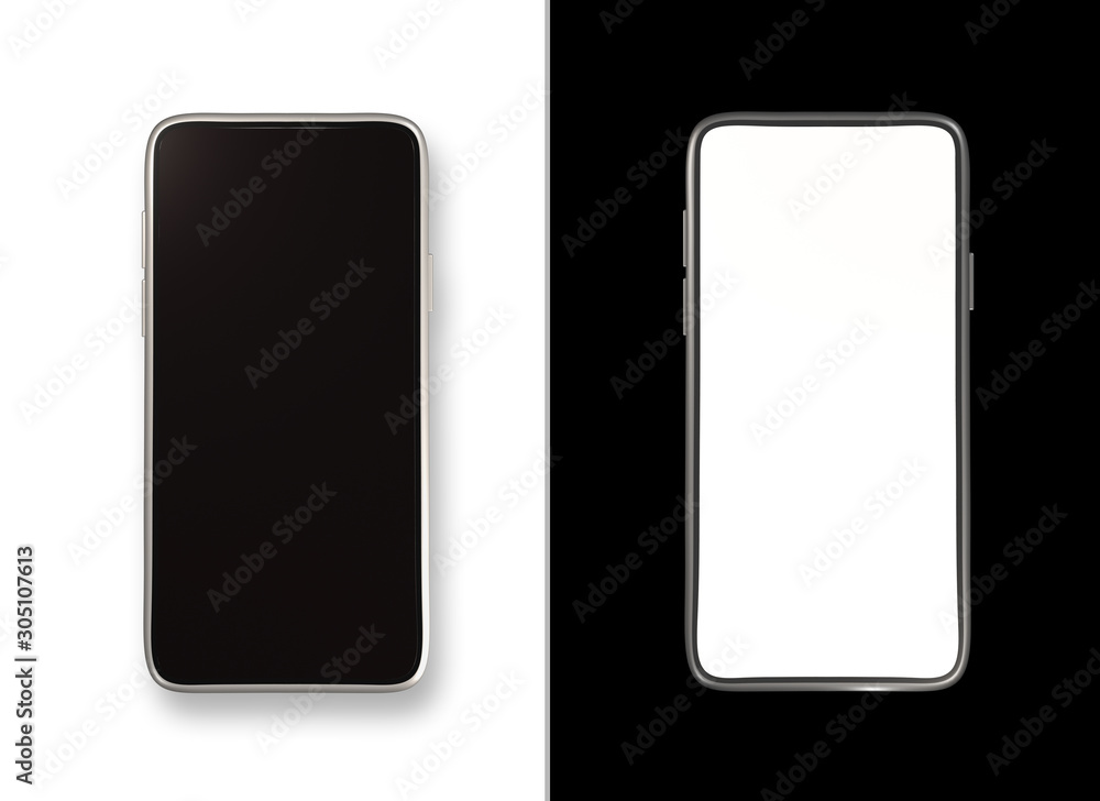 Naklejka premium B&W isolated smartphones mockup. Flat lay template (3D renderings)