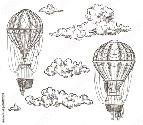 Two retro air balloons between clouds, sketch