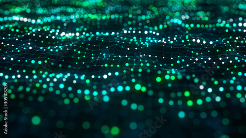 Wave with connecting dots and lines. Futuristic green dots background with a dynamic wave. 3d rendering.