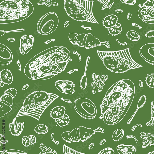 Vector green Malaysian food Nasi Lemak outlines single colour repeat pattern. Perfect for fabric, scrapbooking and wallpaper projects.