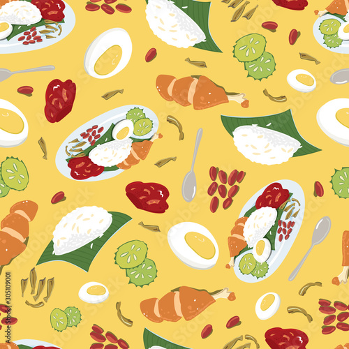 Vector colourful Malaysian food Nasi Lemak yellow repeat pattern. Perfect for fabric, scrapbooking and wallpaper projects.