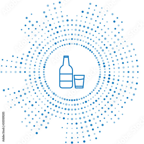 Blue line Closed glass bottle with milk and glass icon isolated on white background. Abstract circle random dots. Vector Illustration