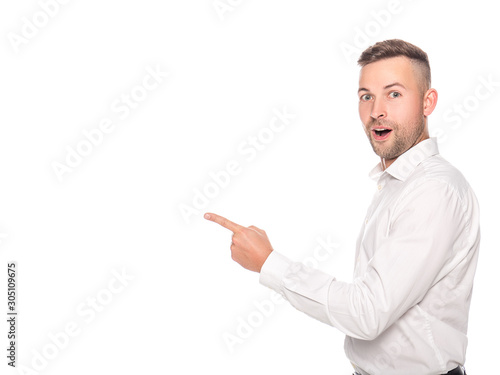 shocked businessman pointing with finger isolated on white