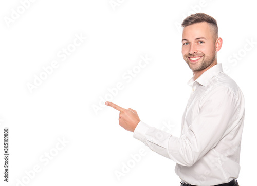 happy businessman pointing with finger isolated on white