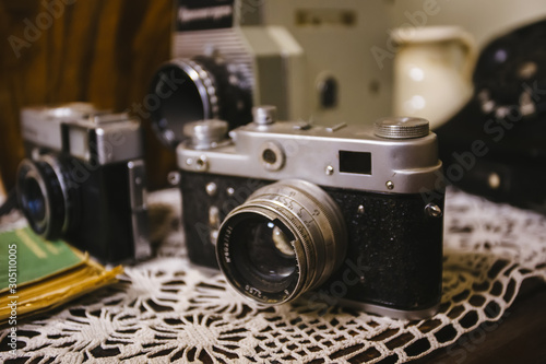 Old vintage retro film cameras, selective focus