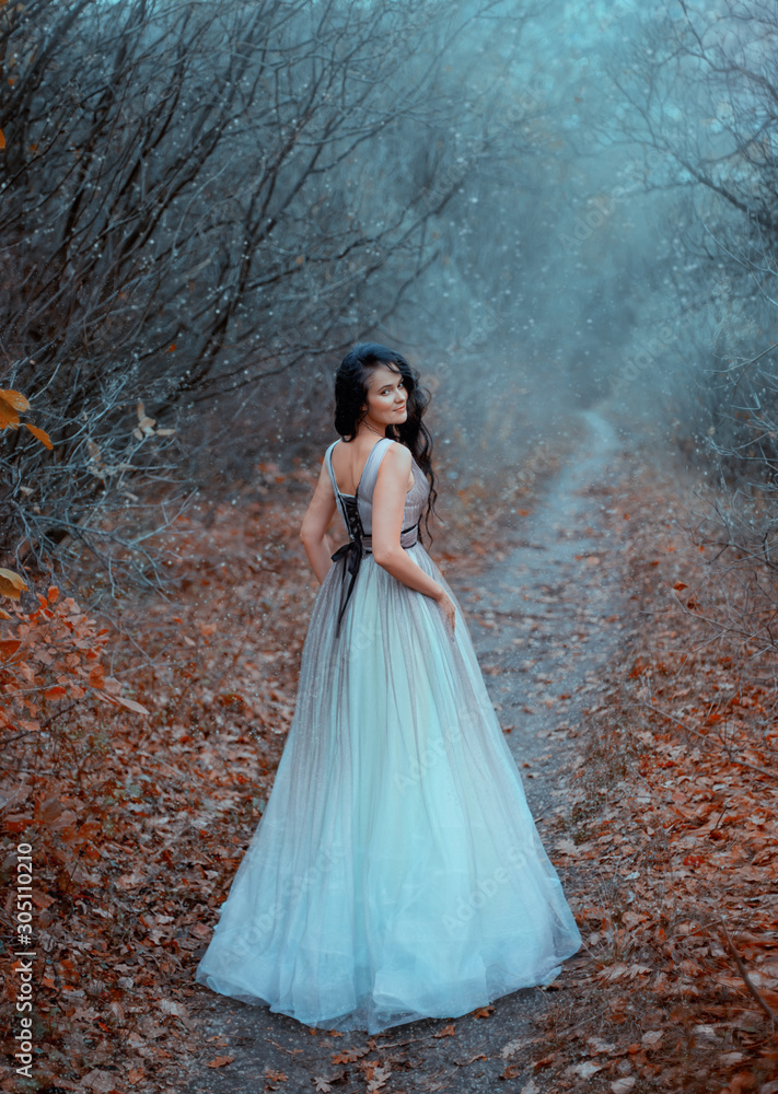 Attractive mystery lady in forest walks along path enjoying nature. First snow is falling. Meeting of autumn and winter. Foggy day frost on tree branches orange leaves on ground. Blue lush long dress Attractive mystery lady in forest walks along path enjoying nature. First snow is falling. Meeting of autumn and winter. Foggy day frost on tree branches orange leaves on ground. Blue lush long dress