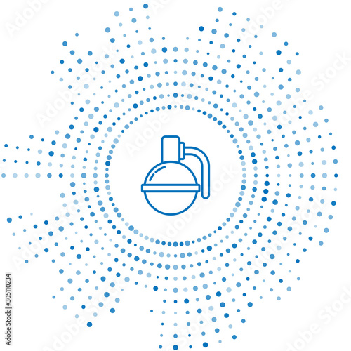 Blue line Hand grenade icon isolated on white background. Bomb explosion. Abstract circle random dots. Vector Illustration