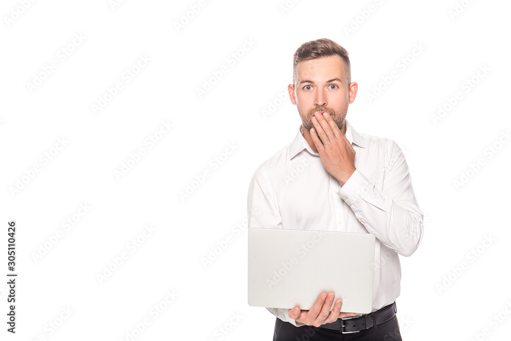 shocked businessman using laptop isolated on white shocked businessman using laptop isolated on white