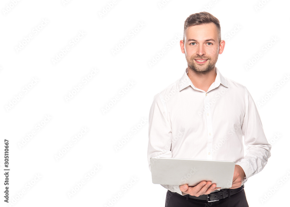 smiling businessman using laptop isolated on white smiling businessman using laptop isolated on white