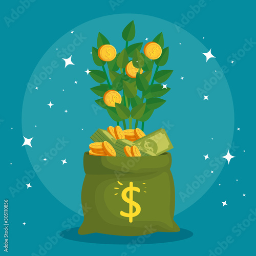 plant of coins in bag money vector illustration design