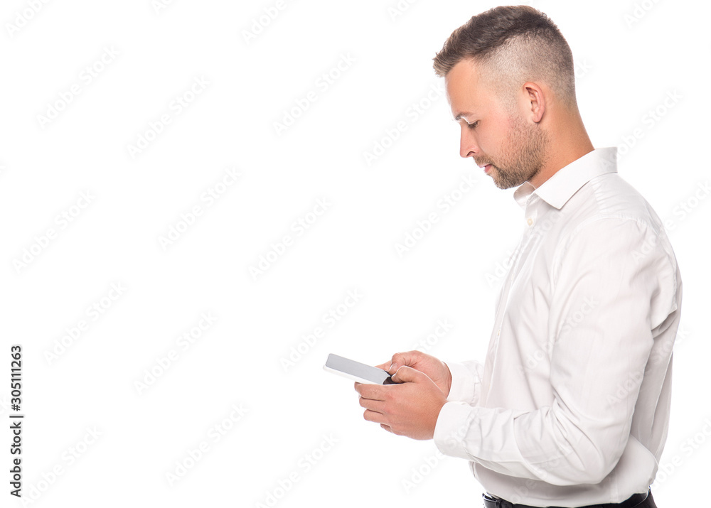 side view of businessman in white shirt using smartphone isolated on white side view of businessman in white shirt using smartphone isolated on white