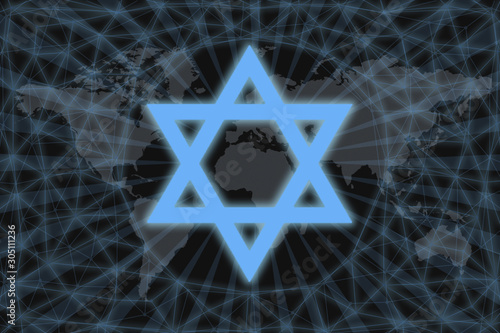 Symbol Israeli Star of David with modern design. With a dark background and a world map. Graphic concept for your design. web