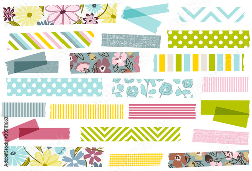 Collection of pastel floral washi tape strips. Semi-transparent masking tape or adhesive strips for scrapbooking, crafts, web and more.