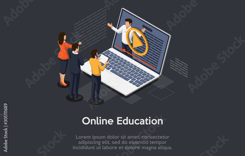 Online education isometric concept, laptop with teacher, internet course for learning on home.