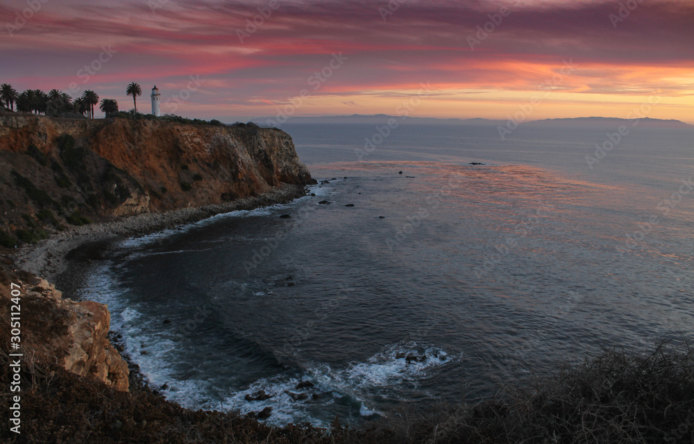 Breathtaking Sunset over the Point Vicente Lighthouse, Palos Verdes Peninsula, South Bay of Los Angeles County, California