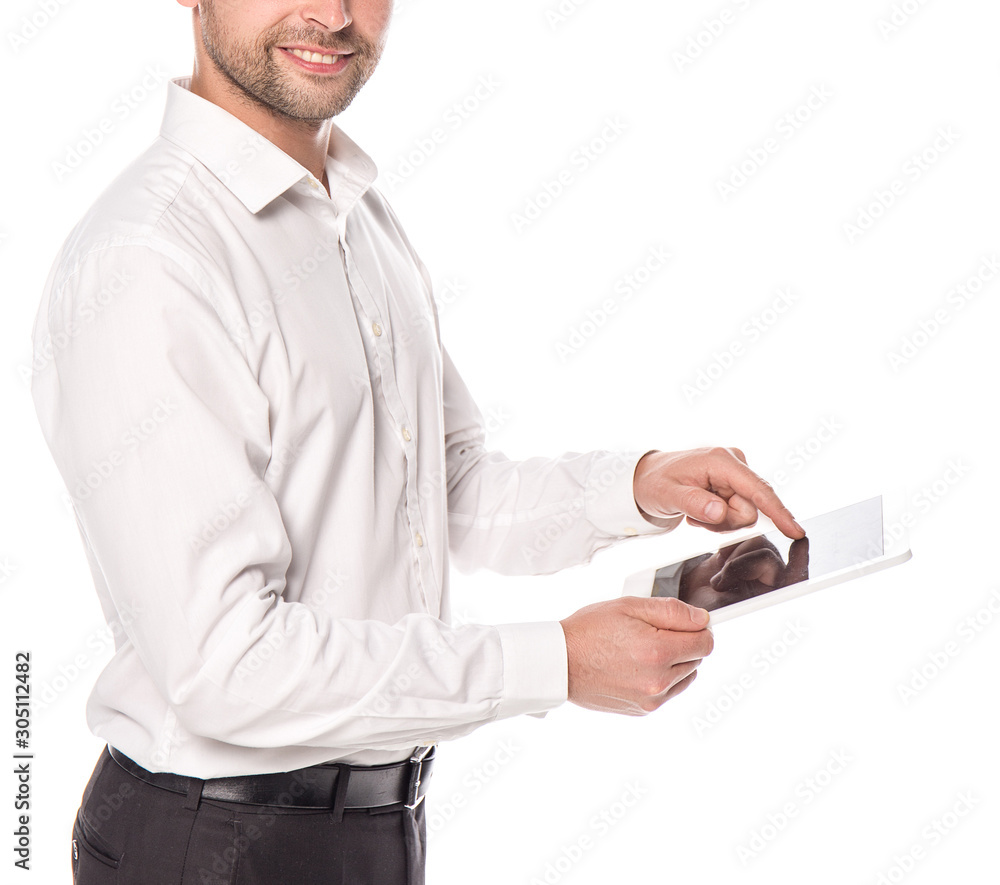 cropped view of smiling businessman using digital tablet isolated on white cropped view of smiling businessman using digital tablet isolated on white
