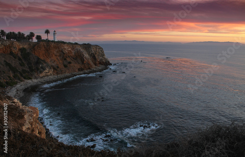 Breathtaking Sunset over the Point Vicente Lighthouse, Palos Verdes Peninsula, South Bay of Los Angeles County, California
