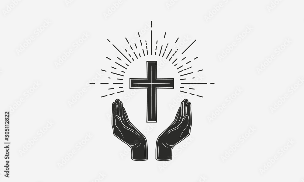 Vintage Christian logo. Hands with catholic cross and sunburst. Vector