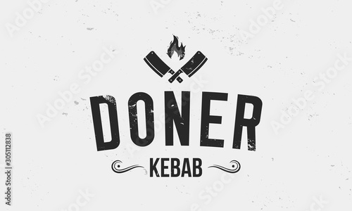 Doner kebab logo with meat cleavers isolated on white background. Vintage kebab logo with grunge texture. Vector illustration