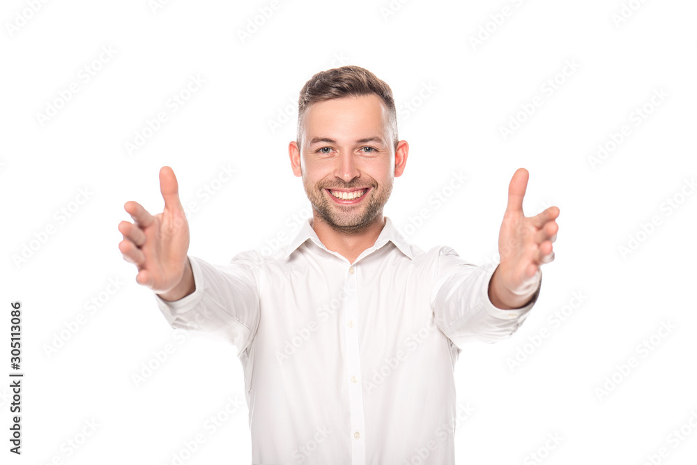 smiling businessman with outstretched hands isolated on white smiling businessman with outstretched hands isolated on white
