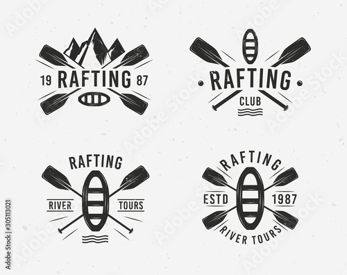 Rafting logo set with raft, crossed paddles and mountains silhouettes. Vintage typography. Vector illustration