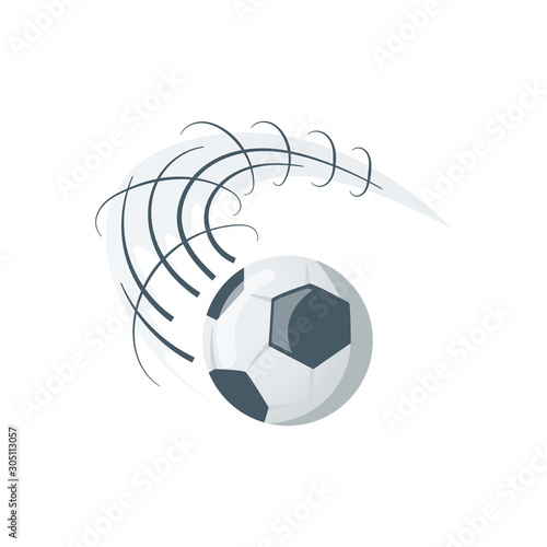 Football or soccer balls with motion trails in black and white for sporting emblems, logo design. Collection of soccer balls with curved color motion trails vector illustrations