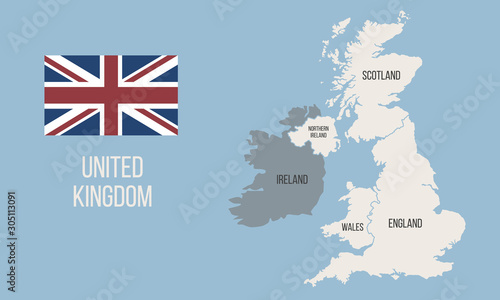 Vector Great Britain map wit UK flag isolated on white background. Vintage United Kingdom poster map. Vector illustration