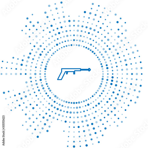 Blue line Fishing harpoon icon isolated on white background. Fishery manufacturers for catching fish under water. Diving underwater equipment. Abstract circle random dots. Vector Illustration