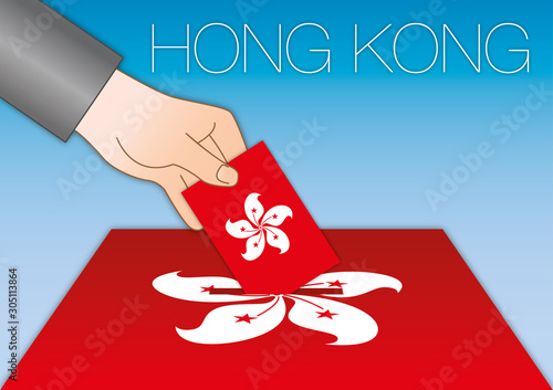 Hong Kong, elections, hand in a ballot box with red national flag and map, Hong Kong, China