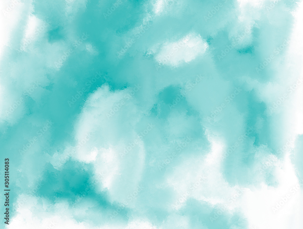 Blue gradient watercolor background Abstract painting in shades of green and white. Colorful paint splashes. Watercolor texture