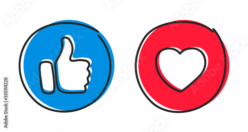 Social buttons thumb up like and red heart icons. Social media likes icons hand drawn – stock vector