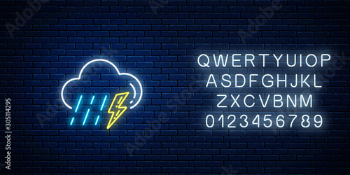 Glowing neon thunderstorm with rain weather icon with alphabet. Storm and rain symbols with lightning in neon style