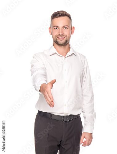smiling businessman in white shirt giving hand isolated on white
