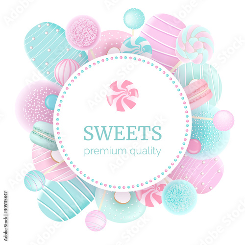 Confectionery set. Round label badge sweets. Macaroon, marshmallow, donuts, ice cream, lollipop
