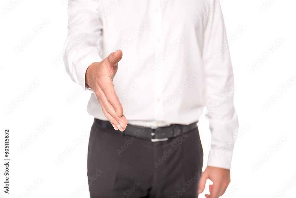 cropped view of businessman giving hand isolated on white