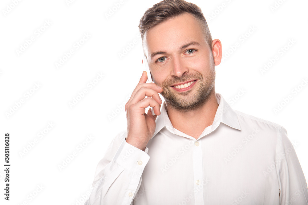 smiling businessman talking on smartphone isolated on white smiling businessman talking on smartphone isolated on white