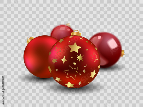 Four red Christmas balls with gold stars, empty and  transparent New year toy decoration - vector