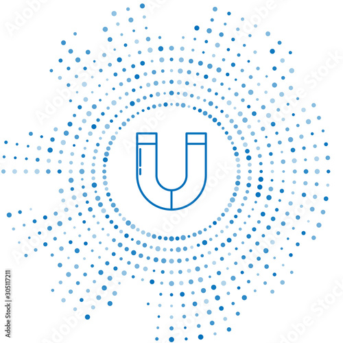 Blue line Magnet icon isolated on white background. Horseshoe magnet, magnetism, magnetize, attraction. Abstract circle random dots. Vector Illustration