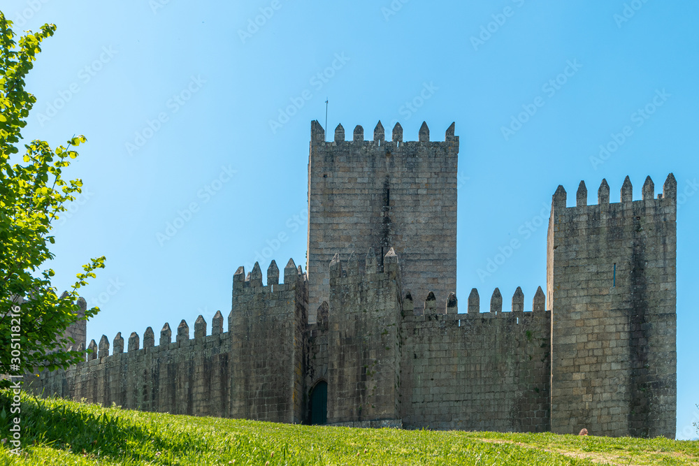 Castelo de Guimaraes Castle. Most famous castle in Portugal. Birth place of the first Portuguese King and the Portuguese nation. Guimaraes, Portugal.