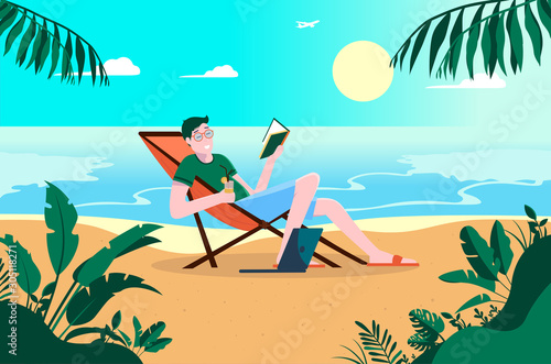 Young man relaxing on a beach, reading a book, having a drink with laptop in sand. Ocean in the background, and the sun is going down. Freedom, recreation and vacation concept. Vector illustration.