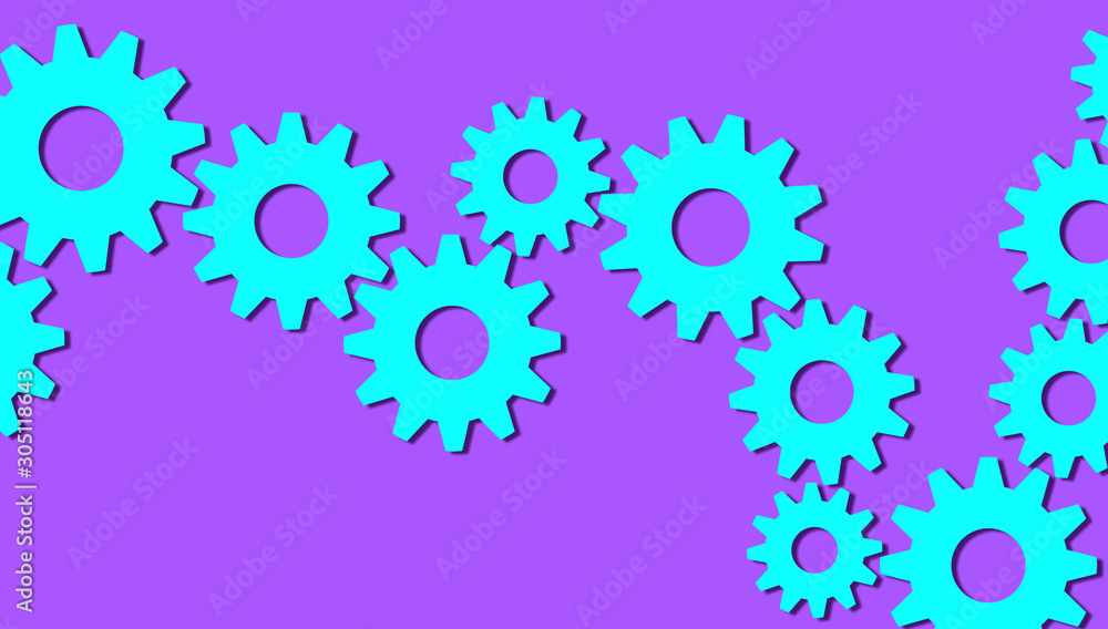 Colorful blue gear wheels isolated on lilac background. Illustration with references to the concept of creative meeting, team solution, progress, evolution or teamwork. 