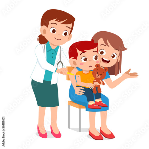 happy cute kid go to doctor with mom