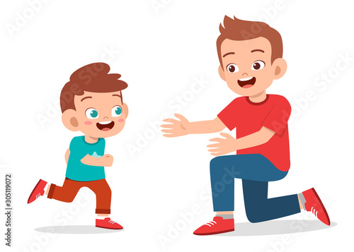 happy cute kid boy hugging dad love