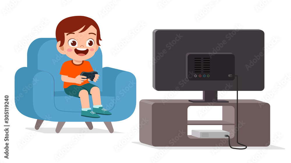 happy cute kid play video game alone