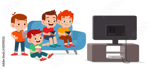 happy cute kid play video game together