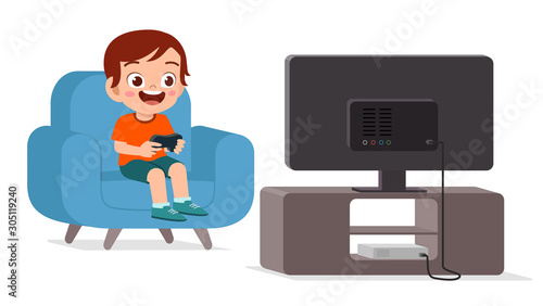 happy cute kid play video game alone