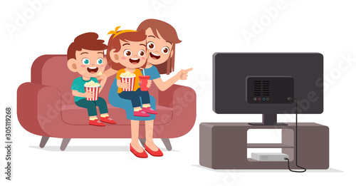 happy cute kid watch tv with family together