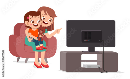 happy cute kid watch tv with family together